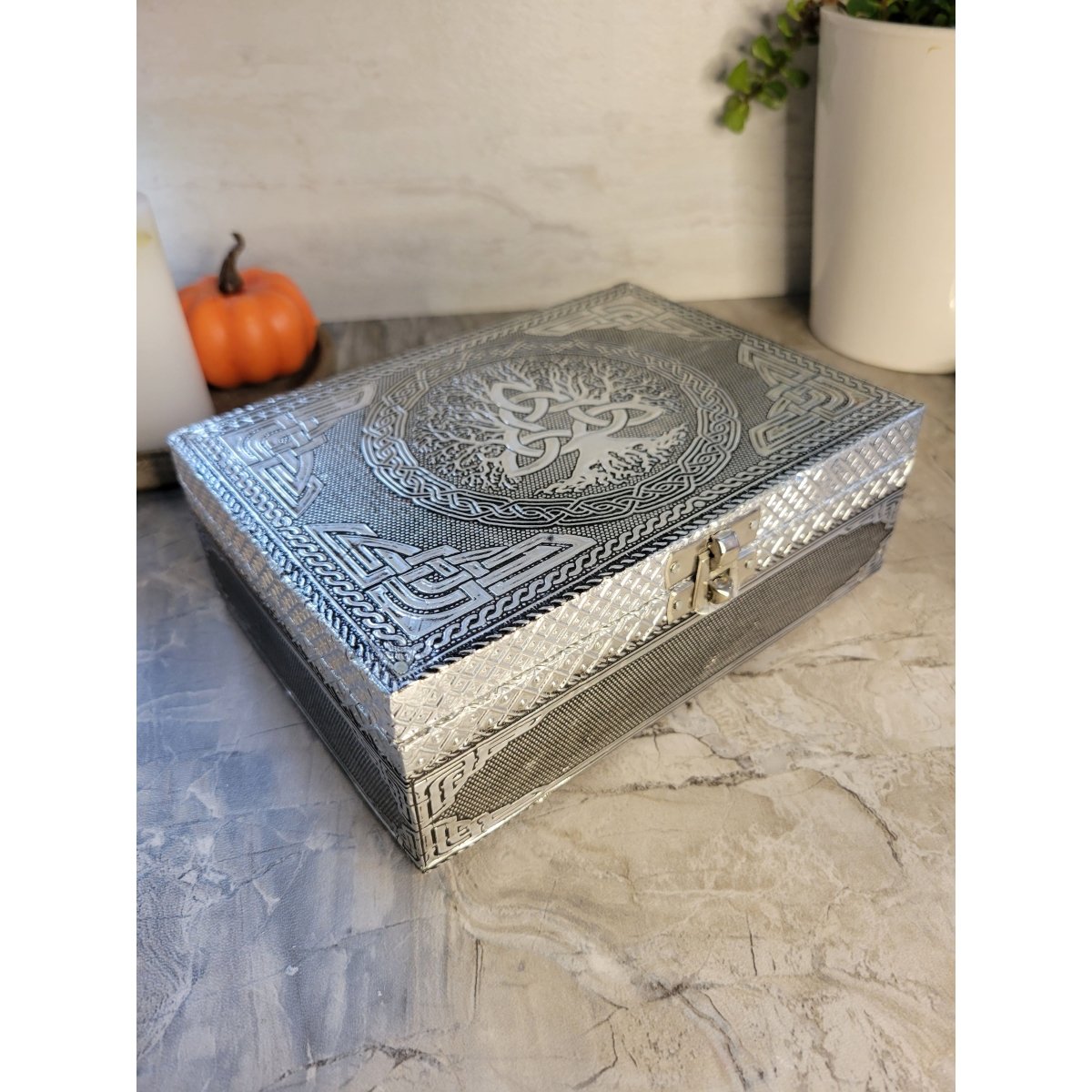 Tree of Life Triquetra handmade carved metal over wood/ tarot box/ altar box -Decor