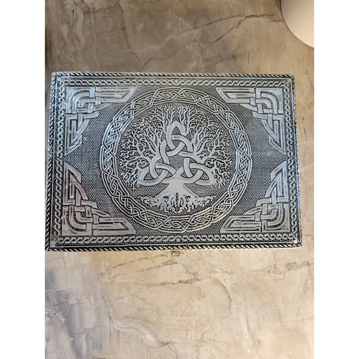 Tree of Life Triquetra handmade carved metal over wood/ tarot box/ altar box -Decor