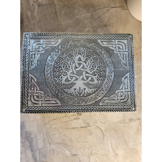 Tree of Life Triquetra handmade carved metal over wood/ tarot box/ altar box -Decor