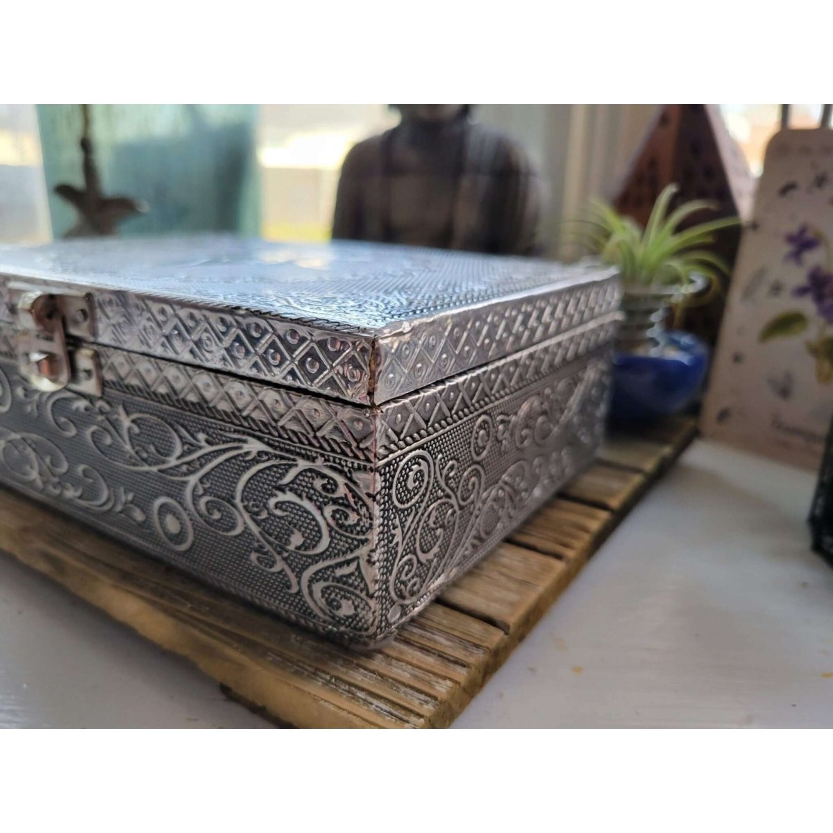 Triple Moon Carved Metal over Wood/ Tarot Box/ Altar Box/ Goddess of Earth Box -