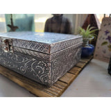 Triple Moon Carved Metal over Wood/ Tarot Box/ Altar Box/ Goddess of Earth Box -