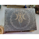 Triple Moon Carved Metal over Wood/ Tarot Box/ Altar Box/ Goddess of Earth Box -