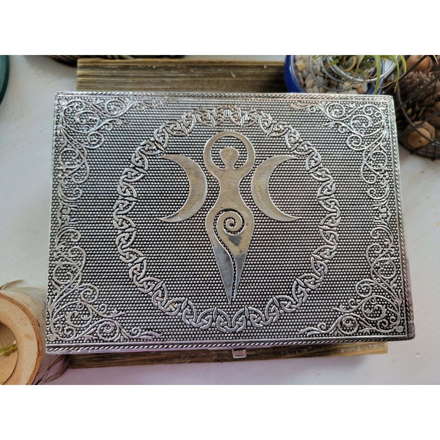 Triple Moon Carved Metal over Wood/ Tarot Box/ Altar Box/ Goddess of Earth Box -