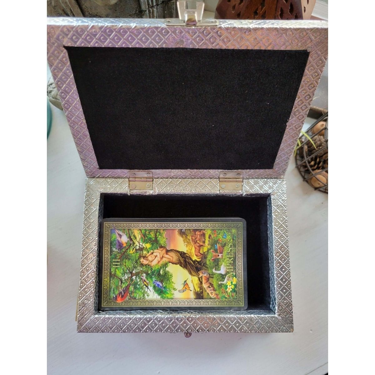 Triple Moon Carved Metal over Wood/ Tarot Box/ Altar Box/ Goddess of Earth Box -