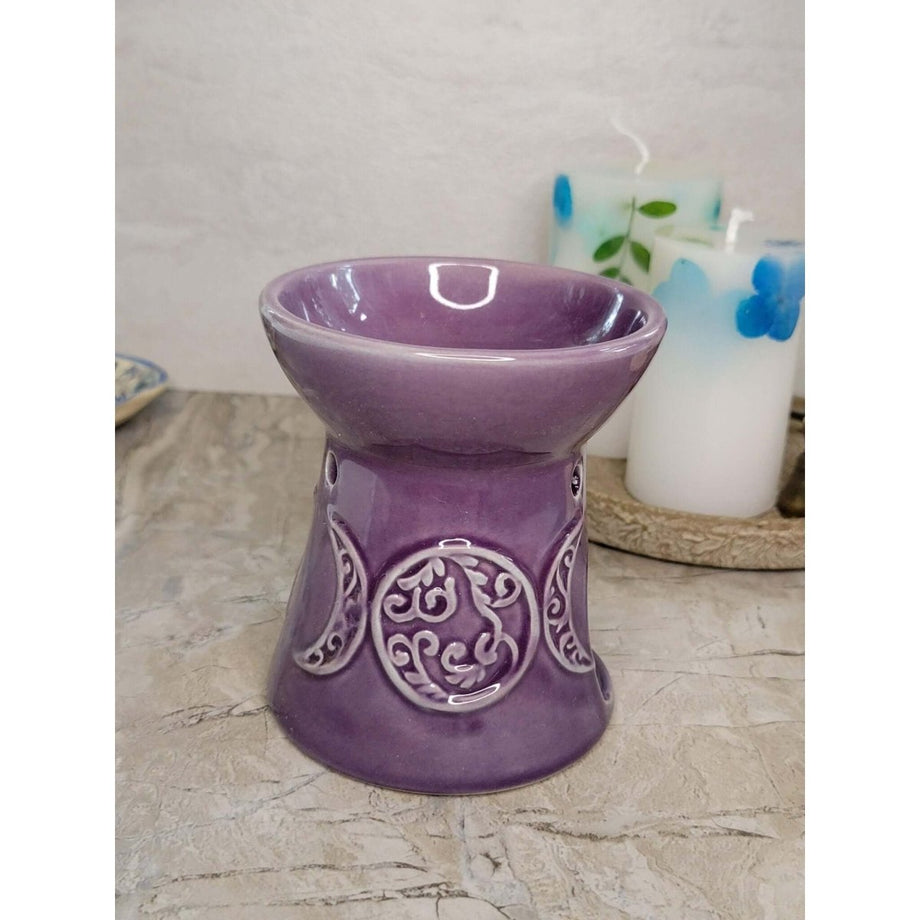 TRIPLE MOON AROMA OIL BURNER. Purple Ceramic Wax Warmer Altar