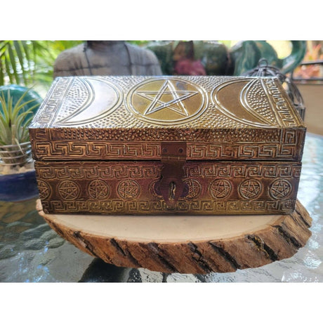 Triple moon pentagram carved metal over wood 4x6" hut shape box with latch/ altar decoration -