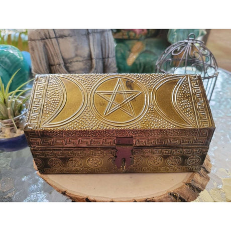 Triple moon pentagram carved metal over wood 4x6" hut shape box with latch/ altar decoration -