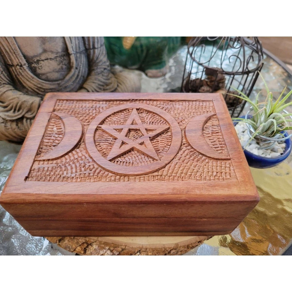 Triple Moon Pentagram Carved Wooden Box 4x6" -
