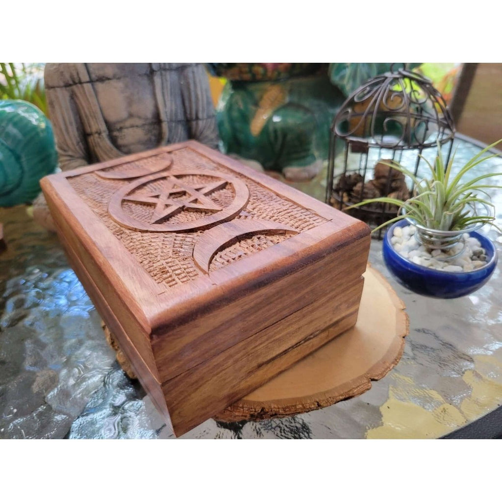 Triple Moon Pentagram Carved Wooden Box 4x6" -