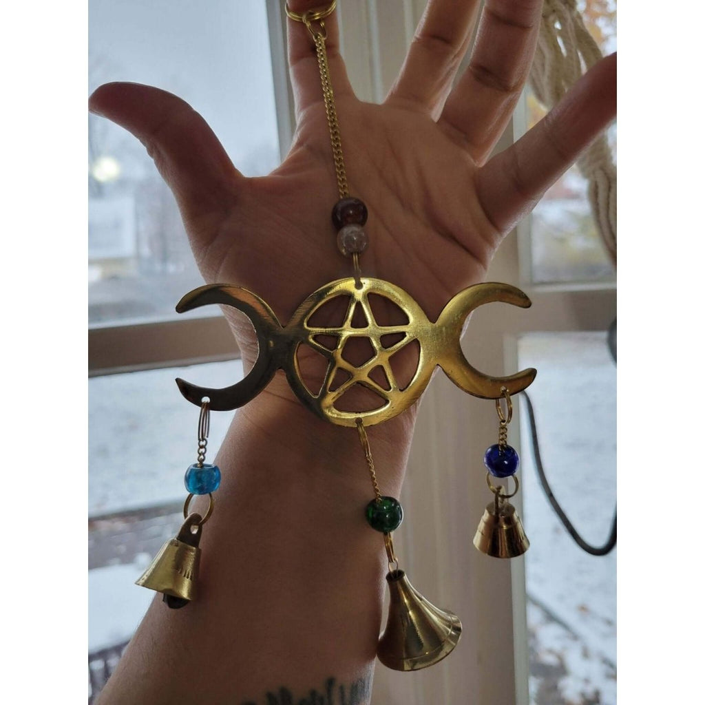Triple Moon Pentagram Wind Chime Brass with Beads/ Witch Protection Bells -