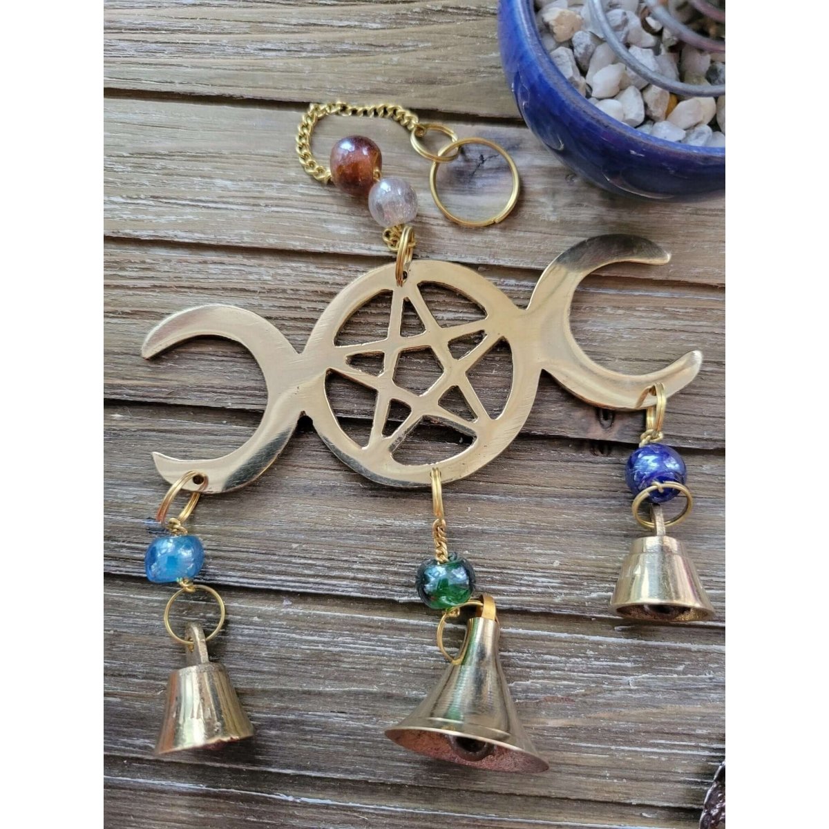 Triple Moon Pentagram Wind Chime Brass with Beads/ Witch Protection Bells -