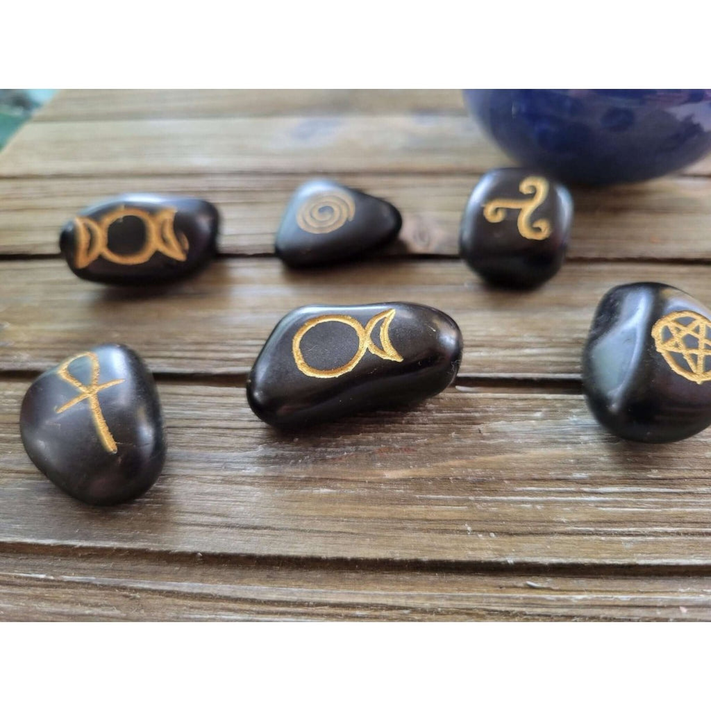 Wicca Symbols Black Agate Tumble Stones/ Witches Rune Set -