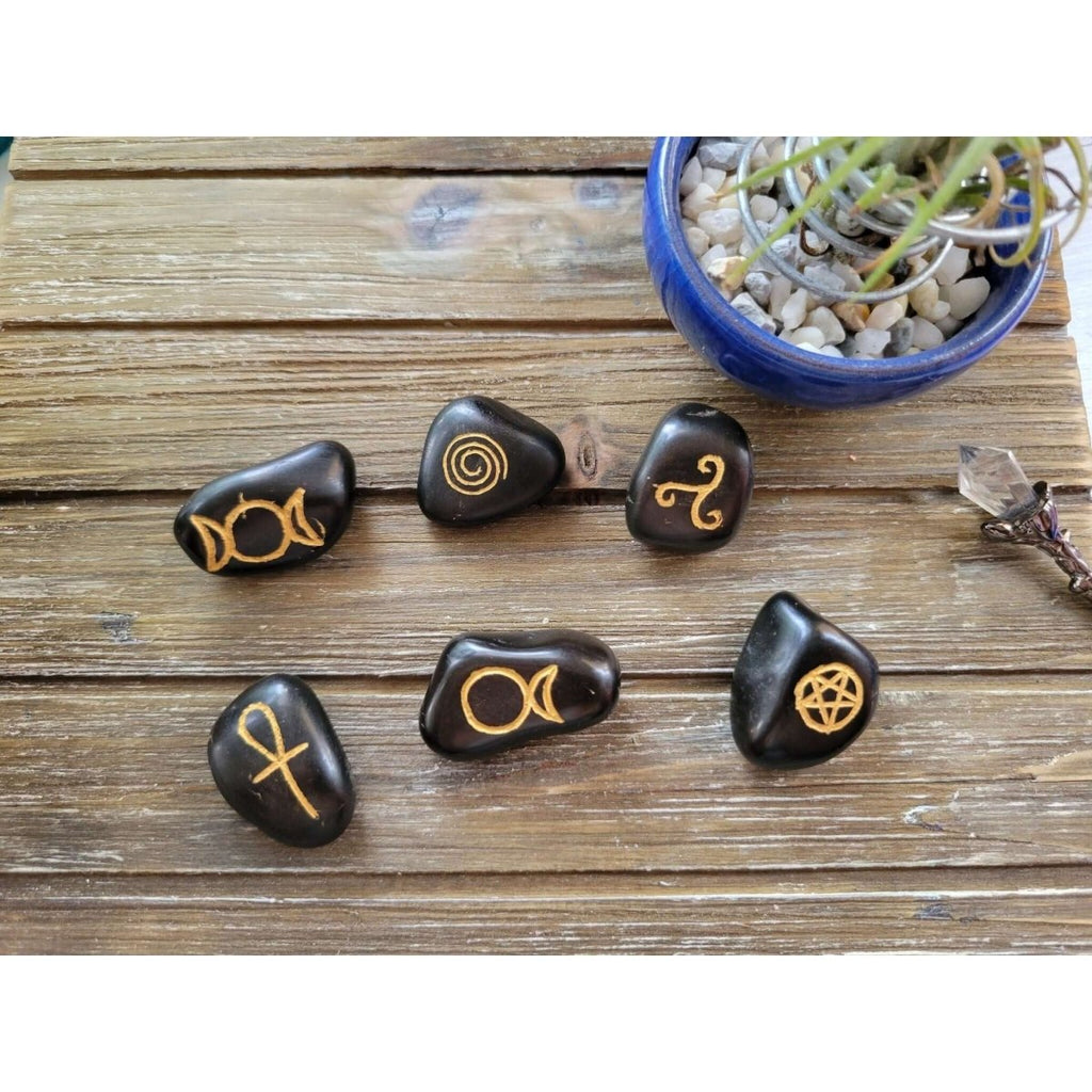 Wicca Symbols Black Agate Tumble Stones/ Witches Rune Set -