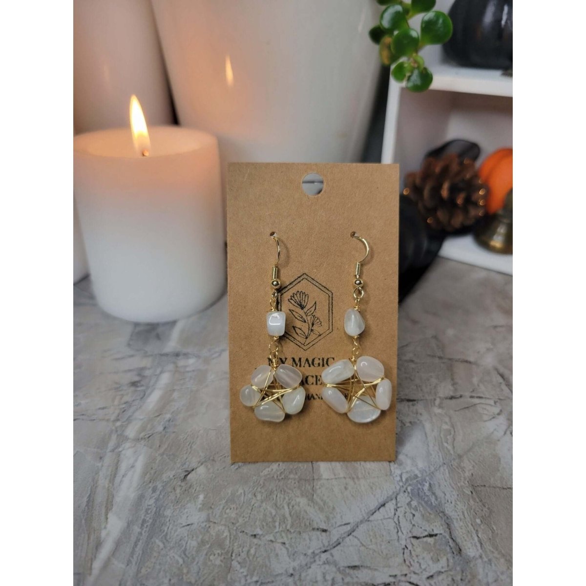 Wire Wrapped Natural Moonstone Dangle Earrings, Pentagram Crystal Earrings -Earrings