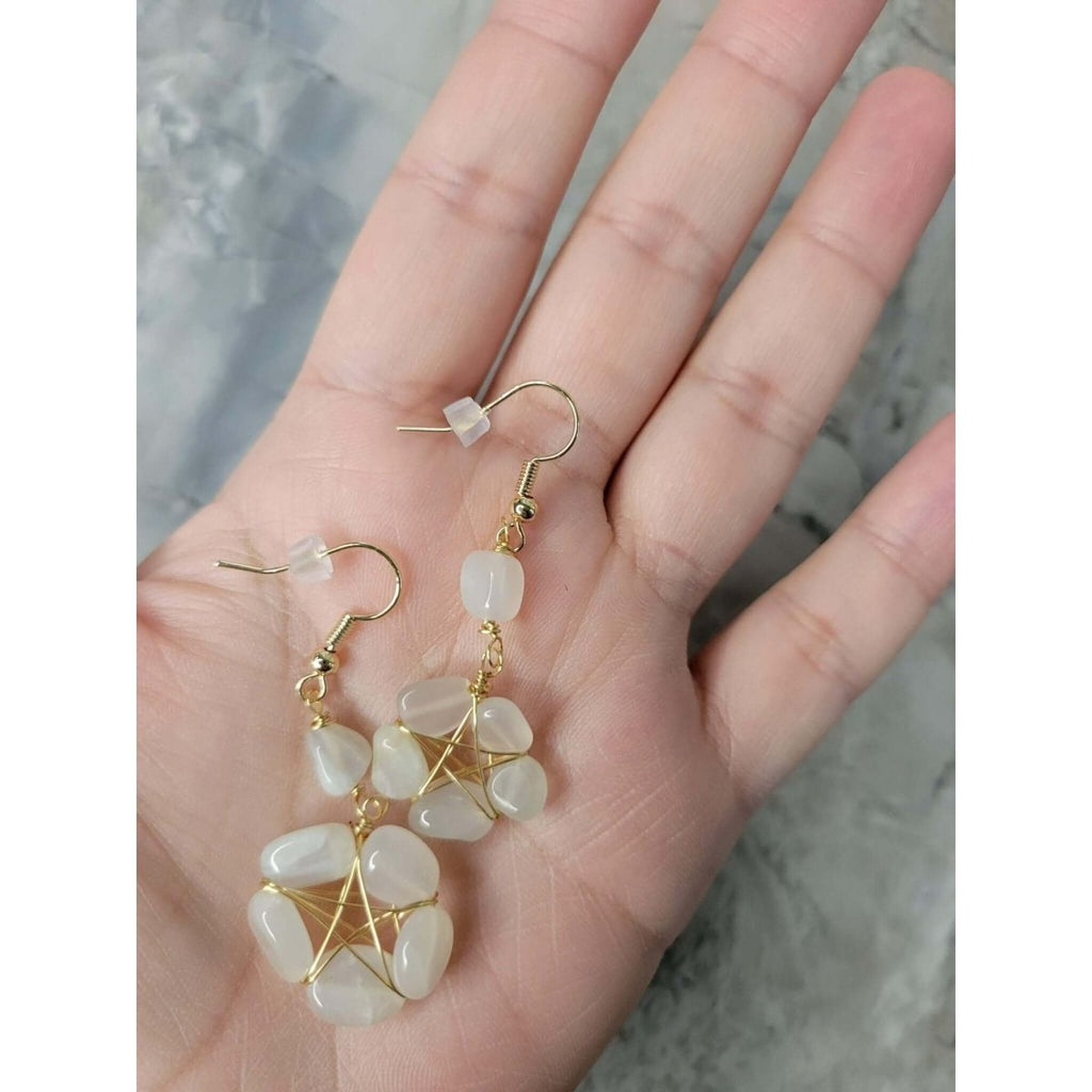 Wire Wrapped Natural Moonstone Dangle Earrings, Pentagram Crystal Earrings -Earrings