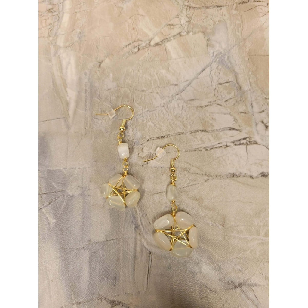 Wire Wrapped Natural Moonstone Dangle Earrings, Pentagram Crystal Earrings -Earrings
