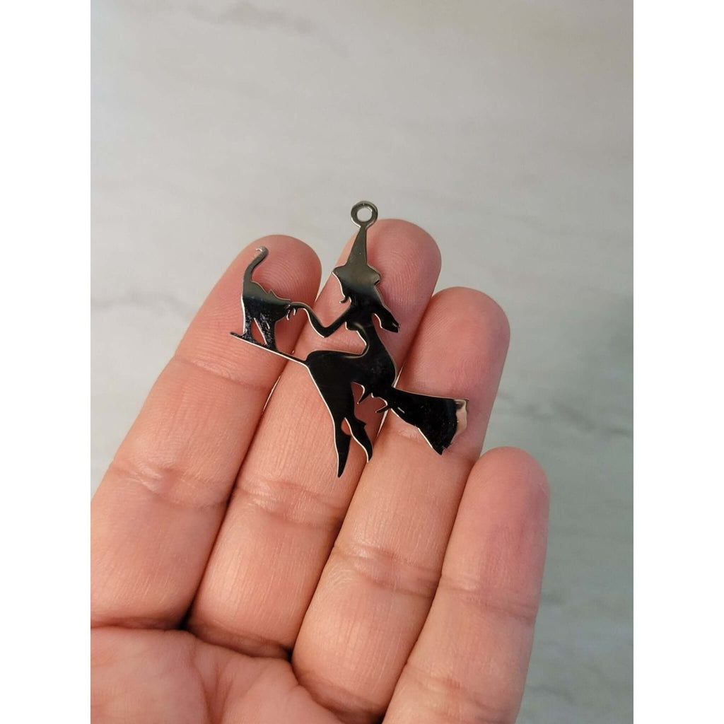 Witch with Cat Stainless Steel Pendant , Witch on Broomstick -Charms & Pendants