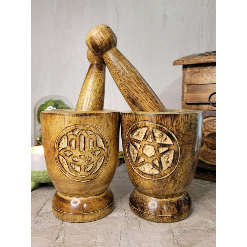 Witch's Wooden Mortar & Pestle Triquetra, Mortar Tree of Life, Pentacle -