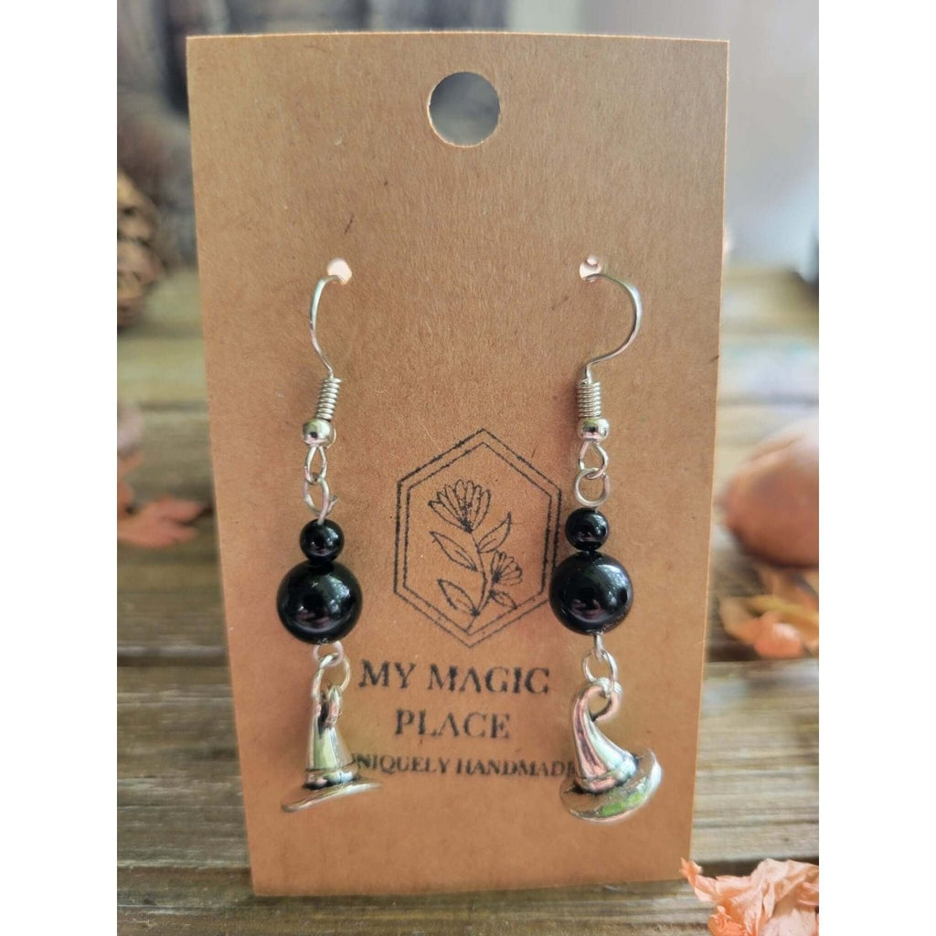 Witchy Hat Onyx Beads Earrings, Quartz Earrings, Witchy Crystal Jewelry -Earrings
