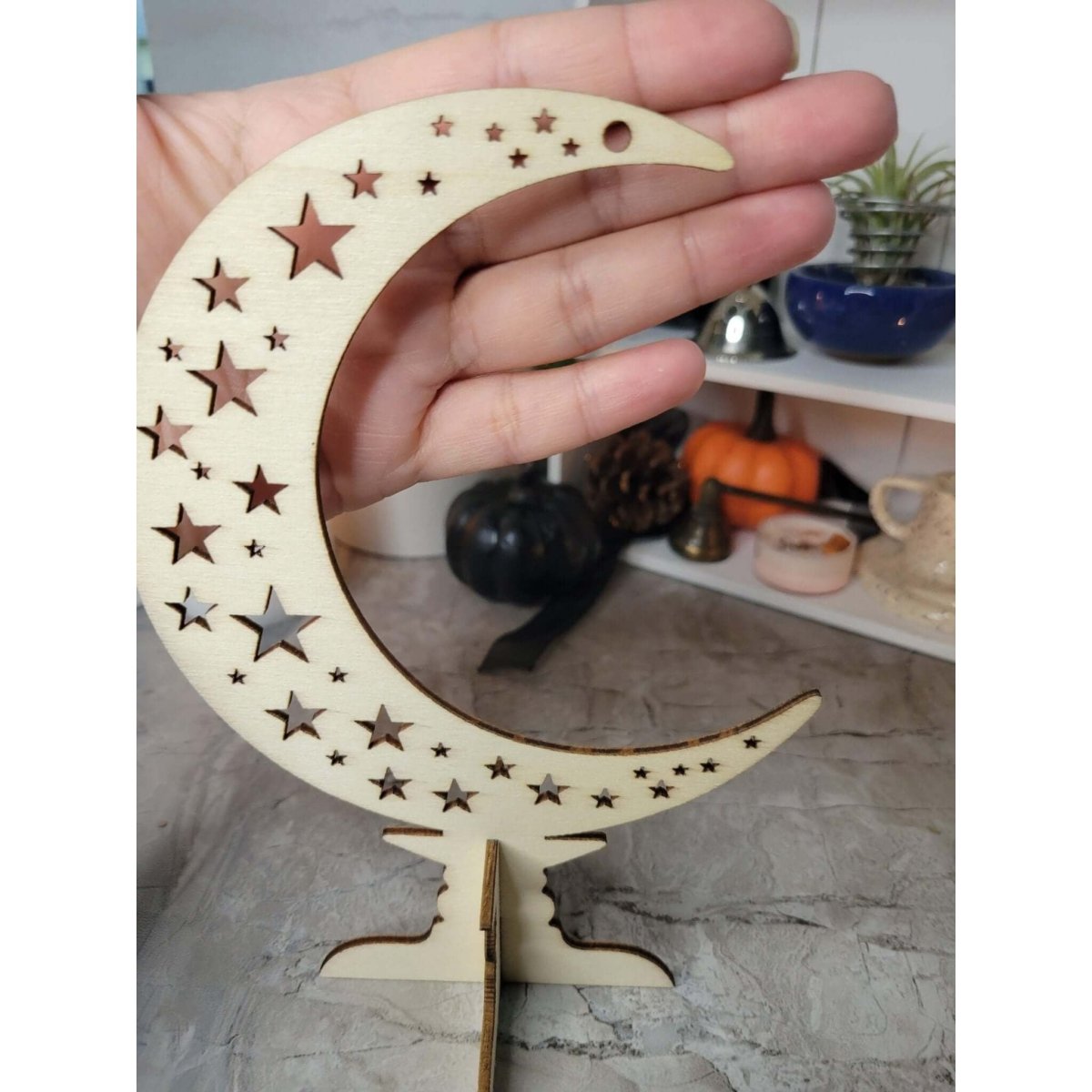 Wooden Ornaments, Wood Tabletop Decoration, Moon with Star, Witchy decor -Decor