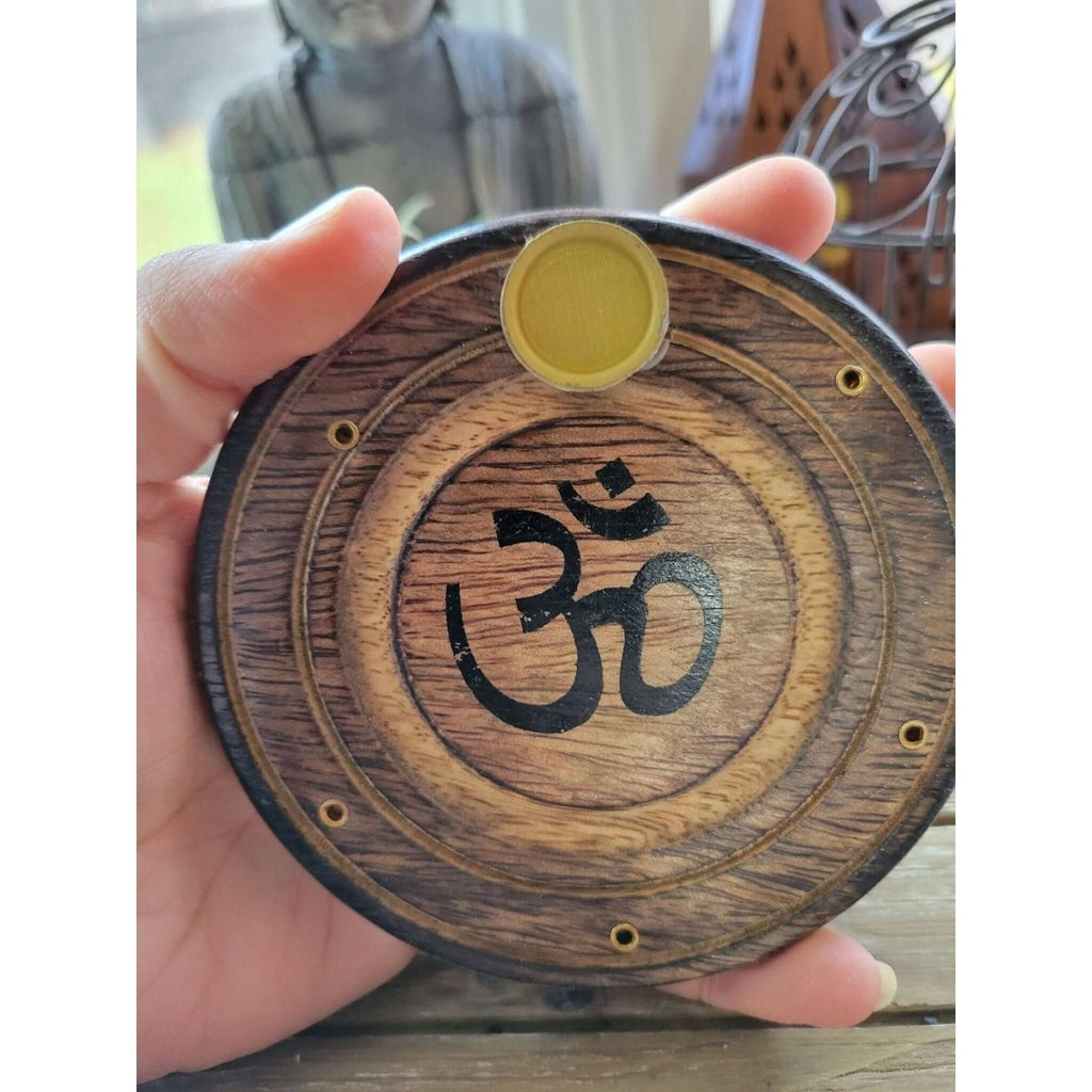 Wooden Round Incense / Cone Burner /Painted Om -
