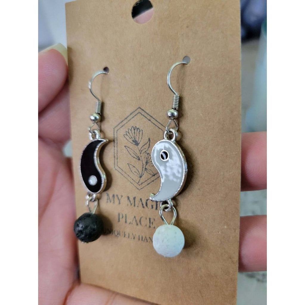 Yin Yang Matching Asymmetrical Earrings, Brass Dangle Earrings with Natural Lava Rock for Women, Black -Earrings
