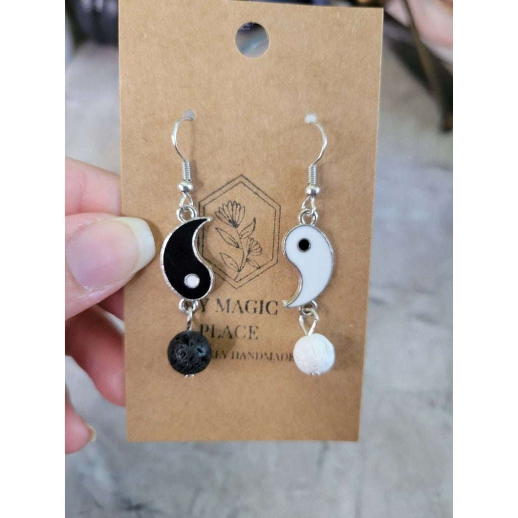 Yin Yang Matching Asymmetrical Earrings, Brass Dangle Earrings with Natural Lava Rock for Women, Black -Earrings